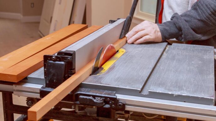 Woodworker using a table saw with safety gear in a sunlit workshop.