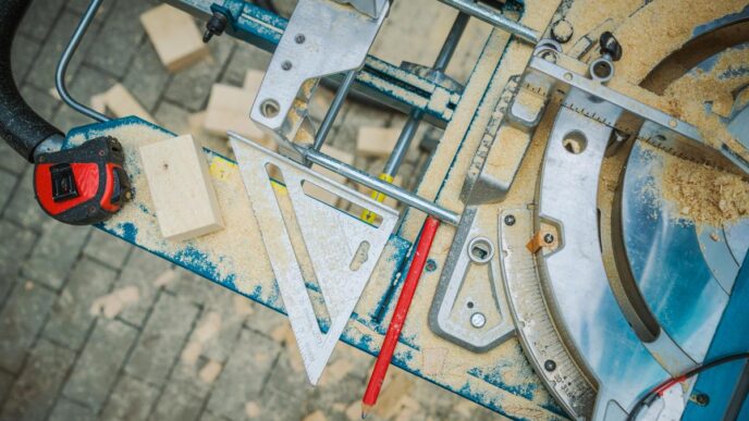 A skilled carpenter uses a table saw surrounded by tools in a sunlit workshop.