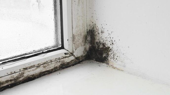 Close-up of black mold creeping in a dimly lit, damp room corner.