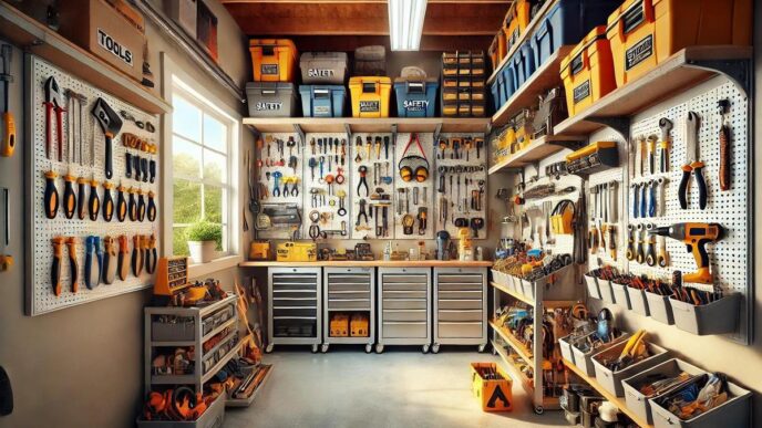 Meticulously organized garage featuring safe tool storage with labeled containers and pegboards.